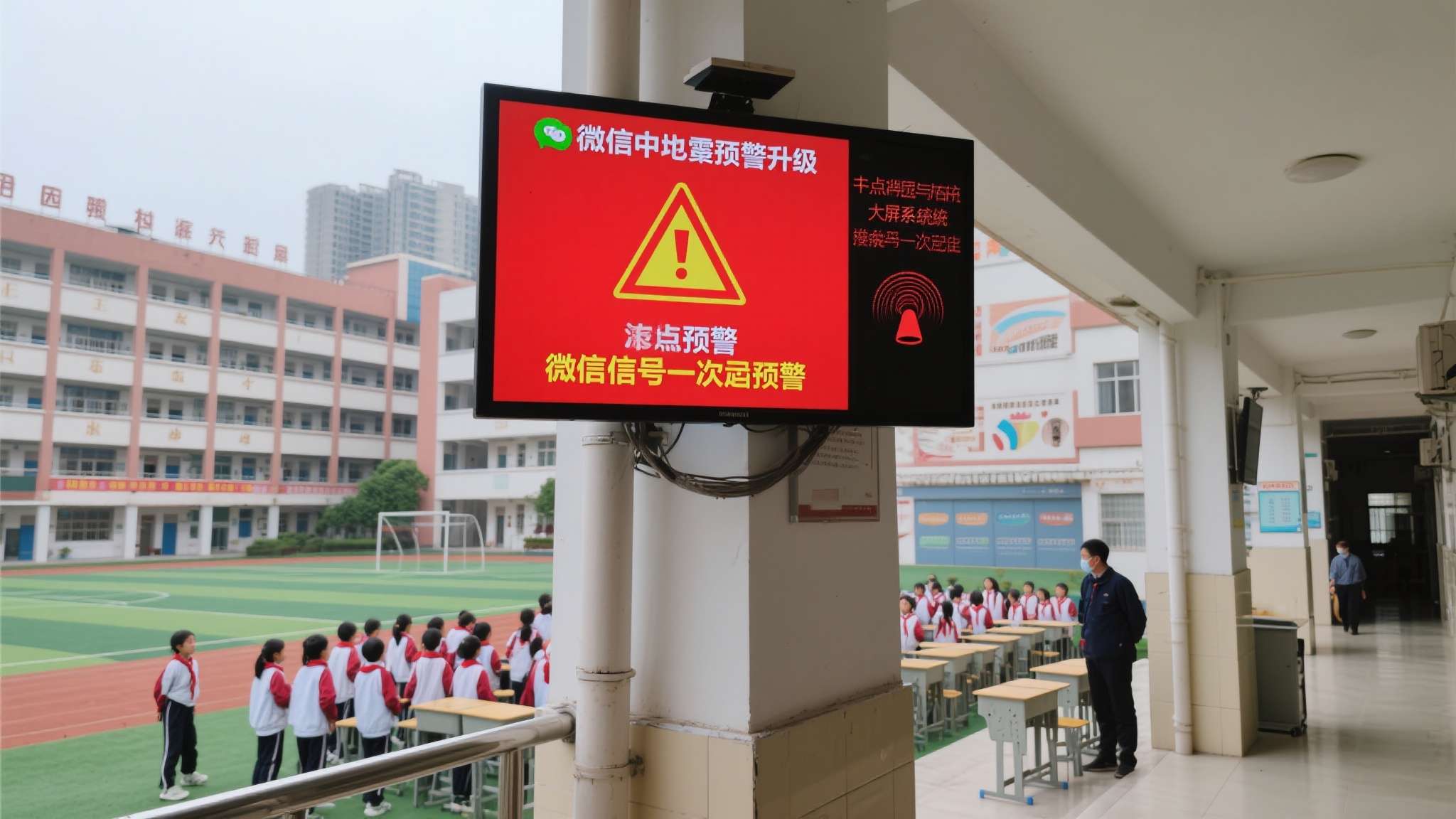 地震预警小程序宣传信息 此次微信地震预警升级的重要亮点,正是实现了与校园公共大屏的系统对接。当地震预警触